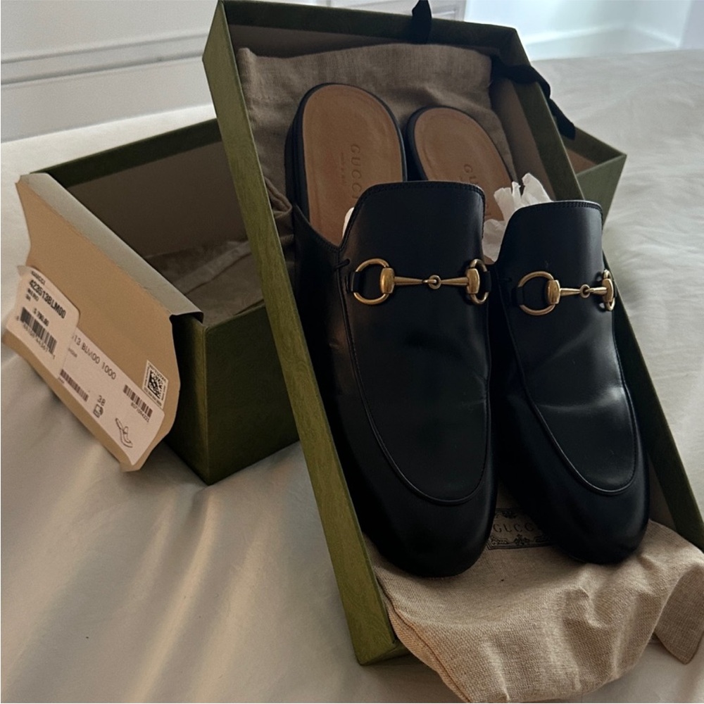 Authentic Gucci Black Leather Mule Loafers with Gold Detail